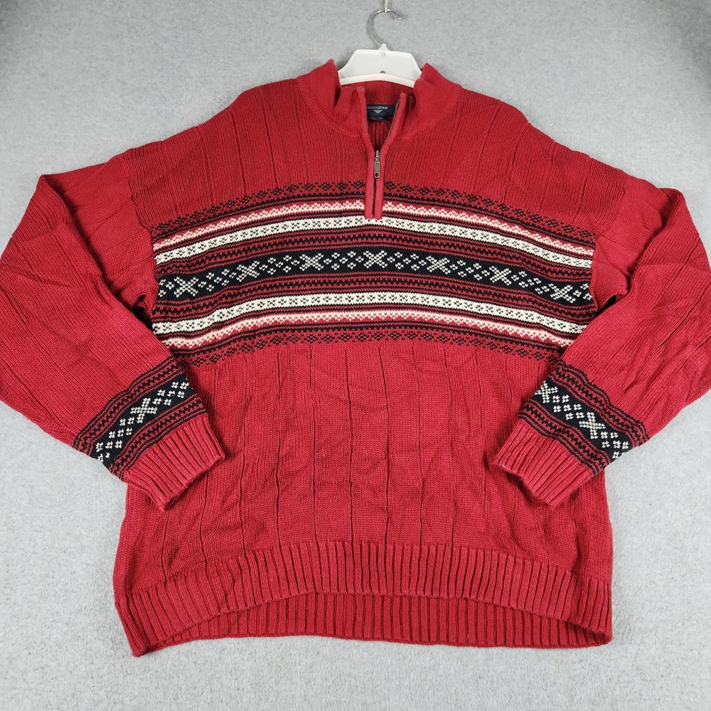 Dockers Sweater Mens XL Red Cable Knit Fair Isle Cotton Quarter Zip Pullover